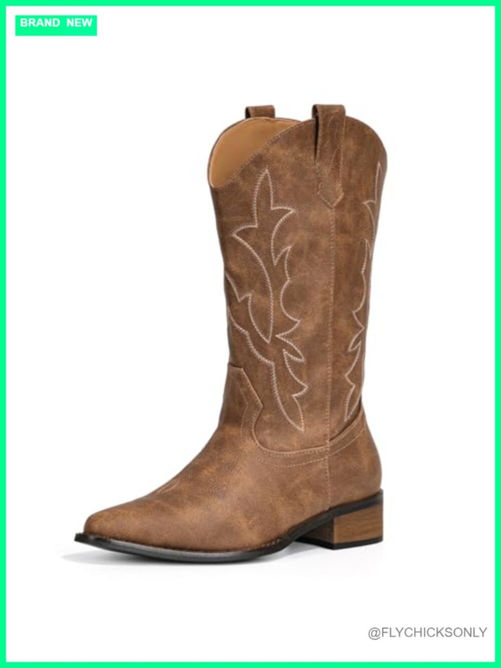 Western Cowboy Boots Mid Calf Pointed Toe Faux Leather Block Heel